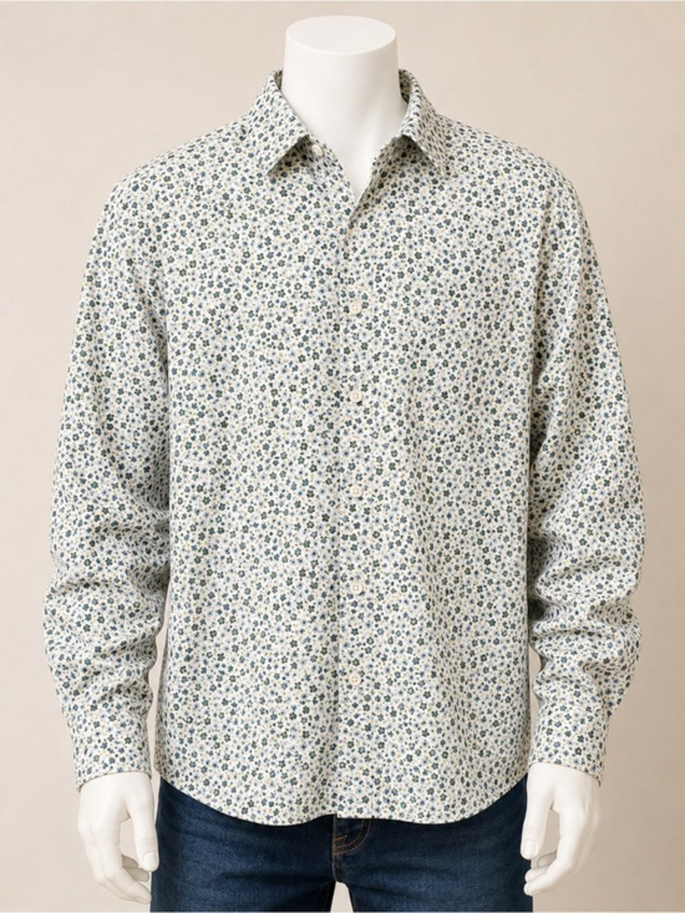 Egara Green & White Button Down Shirt with Floral Print Slim Fit Stretch No Iron